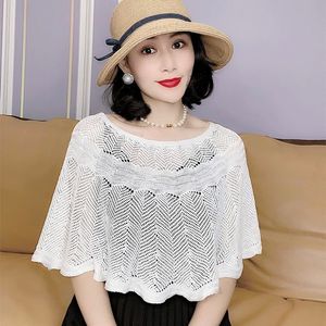 New fashion women's o-neck knitted hollow out poncho cloak style cape solid color