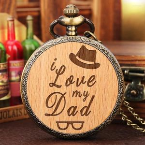 Pocket Watches Love You My Dad Papa Engraved Text Quartz Watch Necklace Chain Male Wooden Father's Birthday Gifts For DADPocket