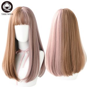 7JHH Long Remy Wig With Bangs Ombre Black Brown Synthetic Lolita Wig For Women High Temperature Wire Heat Resistant Cosplay Wigfactory direc