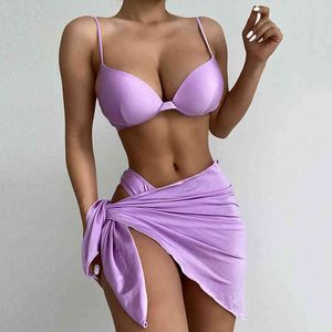 Push up Swimwear Mulheres Três Peças Bikini Set com Sarong Swimsuit Feminino 2022 Novo Sexy Bikini Bather Bathing Suits Beach Wear Y220420
