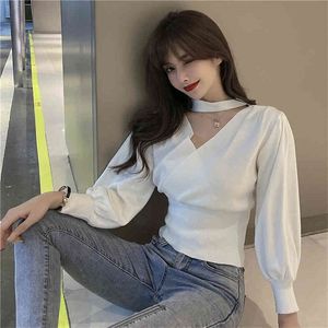 Women's bottoming shirt Western style autumn and winter v-neck versatile waist top net red sweater clavicle sweater 210412