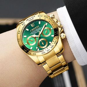 腕時計 Chenxi 高級ビジネス腕時計メンズゴールド腕時計グリーンフェイス発光ダイヤルステンレス鋼バンドクォーツリロイ Hombre腕時計