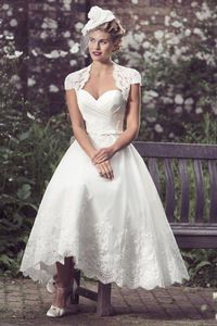 Vintge bianco avorio abito da sposa corto 2022 lunghezza tè una linea abiti da sposa maniche ad aletta innamorato in pizzo con applicazioni robe de mariée vestido de novia abiti da sposa a-line