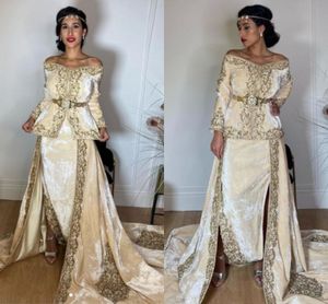 Ivory Off Shoulder Velvet Caftan Evening Dress Algerian outfits Karakou Long Sleeves Muslim Dubai Prom occasion Gowns with overskirt