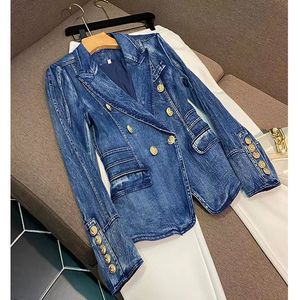 W027 Högprofildräkt Kvinnor Modern Banket Cocktail Party Designer Blazer Jacket Metal Lion Knappar Double Breasted Denim Outwear Coat