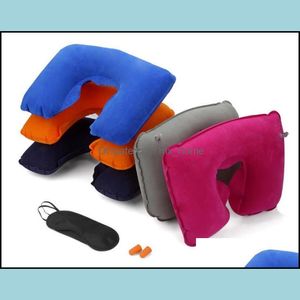 3 In 1 Outdoor Traveling Cam Car Airplane Travel Kit Inflatable Neck Pillow Case Cushion Support+Eye Shade Mask Blinder+Ear Plugs Drop Deliv