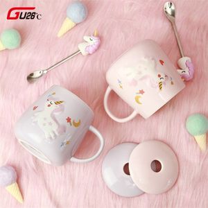 Yenilik Karikatürü Unicorn Kahve Kupası Kapak ve 3D Unicorn Yıldız Kaşık Pembe Kahve Süt Tea Cup Yaratıcı Hediye Kızlar için T200506