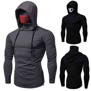 Spring and Autumn New men's stretch fitness hoodie with long sleeves and face mask slimming hip hop men's hoodie L220704