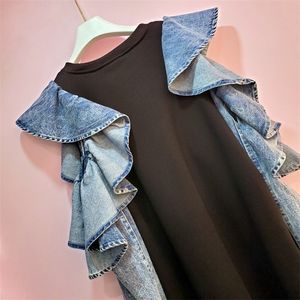 VGH Patchwork Ruffles Sweatshirt for Women O Brutgle Butterfly Short Pullovers Disual Sweatshirtts Female Style 201203