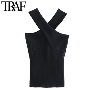 TRAF Women Sexy Fashion Cross Wide Straps Cropped Black Knit Tank Tops Vintage Backless Fitted Female Camis Mujer 220325