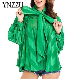 Casual Women Green Stripe Bluzka Sprężyna muszka Modna Kobieta Koszula luźne solidne topy z długim rękawem Summer Ynzzu YT802 210308