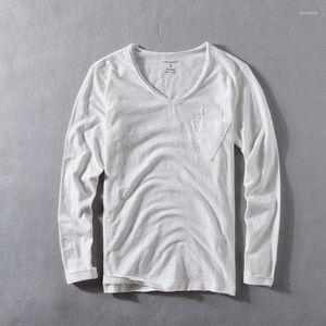 Men's T-Shirts Bamboo Cotton Long Sleeve V-Neck Men's T-Shirt Soft Slub Vintage Tshirts Distressed Frayed Edges Tops TeeMen's Loui22