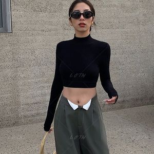 3 colors optional plain simple 2022 Clothes Top High Waist Versatile Long Sleeve Open Back Bottom Slim Harajuku Black T-Shirts for Women Y2K Sexy Retro