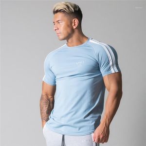 Erkek T-Shirt Yan Çizgili Spor Erkekler Pamuk Ince Kısa Kollu Spor Vücut Geliştirme Spor Erkek Egzersiz Tees Tops