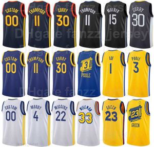 スクリーンプリントバスケットボールStepry Jersey 30 Klay 11 Thompson Draymond Green 23 Andrew Wiggins 22 James Wiseman 33モーゼームーディー4ブルーホワイトイエローメンズ若者