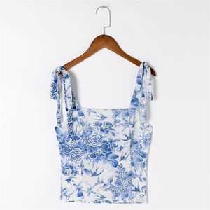 Vintage Floral Print Chiffon Tops For Women Summer Sleeveless Tie Strap Sexy Crop Top Side Zipper Back Shirred Casual Cami Top 220519