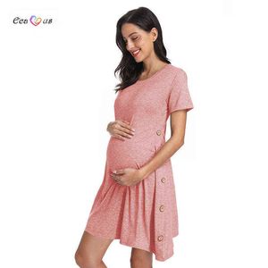 Women's Short Sleeve T-Shirt Maternity Dress Casual Swing Loose Tunic Maternity Clothes Button Asymmetrical Pregnant Dress G220309