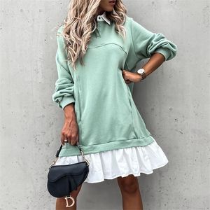 Autumn Ruffles Straight Dress Winter Color Matching Pocket Button Sweatshirt Longsleved Casual Dress Dresses for Women 201008