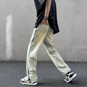 Herr jeans sida zip split design för män modetrender par streetwear tonåring rak ben denim byxor pojkvän stil229d