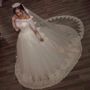 Robes de mariee Boat Neck princesse Lace applique Wedding Dress Ball Gown Long sleeve bride Dress with veil