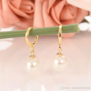 Charm Big Bead Ball Pendant 14 K Fine Gold GF Drop Dangle Solid Earrings for Women Simulated Pearl