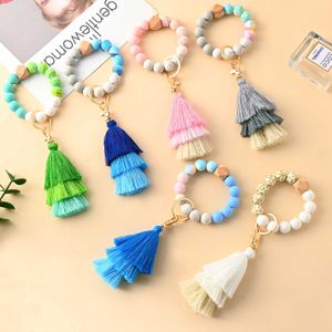 Party Favor Keychain Wood Tassel String Chain Food Grade Silicone Bead Women Girl Key Ring Wrist Strap Armband