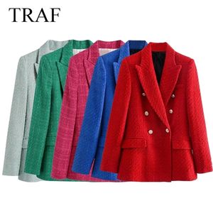 TRAF Women Jacket Plaid Texture Solid Double Breasted Blazer Notched Coat Office Wear Long Sleeve Pocket Elegant Chic Outwear 220402