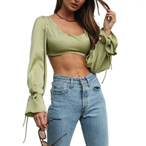 T-shirt da donna Hirigin 2022 Autunno Adulti Sexy Backless Tinta unita Manica svasata Collo a forma di U Pullover Donna Tie-up Crop Tops Streetwear