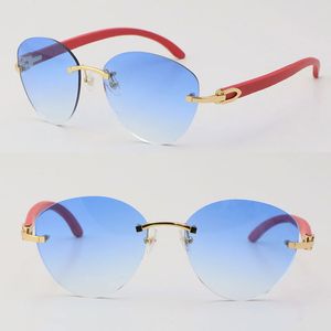 Newl Designer Red Wooden Metal Rimless Sunglasses Woman Design Butterfly Lens Oversized Large Round Luxury Wood Cat Eye Sun glasses Man Frame and Box Siz:60-18-140MM