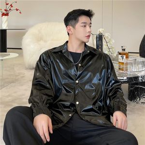 Men's Casual Shirts Autumn Personalized Design Trend Shirt Men's Bright Face Loose Leisure Long Sleeve Hairstyle Division Leather ShirtM