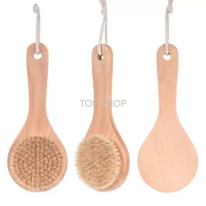 Dry Bath Body Brush Back Scrubber Anti-slip Short Wooden Handle Natural Bristles Shower Exfoliating Massager EE