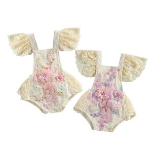 0-24M Princess Baby Girls Bodysuits Lace Flowers Print Ruffles Short Sleeve Jumpsuits Summer 2 Colors G220510