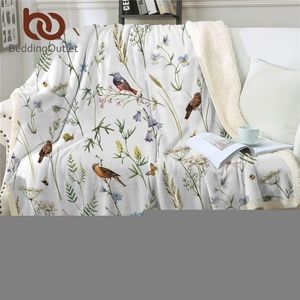 Beddingoutlet Watercolor Sherpa Fleece filtfjärilfåglar Floral Bed Filt Botanical Throw Filt Leaf Insect Mantas 201111