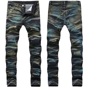 Original Design Elastic Jeans Men's Pants Long Men Fashion Painted Camouflage Stretch Straight Slim Printed Denim Trousers 210318