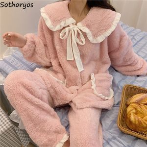 Flanell Turn-Down Collar Pyjama Ställer in kvinnor söta flickor varm mjuk vacker fritid koreansk stil daglig båge lapptäcke design mode l220803