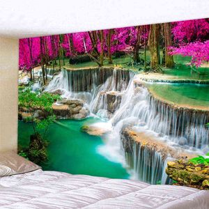 Paisagem de cachoeira de toalha de praia 3D no atacado Bela Florest Stream impressão de parede de parede de ioga de ioga decoração de casa Tapestry J220804