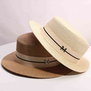 Vintage damer sol fedora hattar halm hatt justerbar retro guld flätad hatt kvinnlig solskydd platt keps m brev Visor hatt för kvinnor g220301