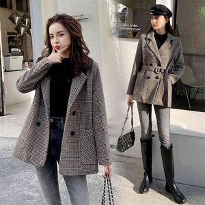JXMYY Houndstooth waisted woolen coat women winter fashion product Korean thick suit woolen 210412