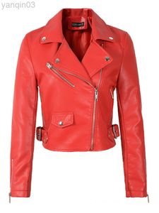 Mulheres Black Faux Leather Jackets Pu Motocicleta Zipper Faux Couro macio com zíper vermelho colarinho rosa rosa