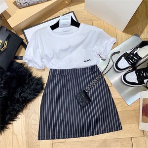 Lady Two Piece Dress Suit T shirt Skirt Women Dlouse Set Plaid Swallow Stripe Skirts Bodycon Summer Tweed With Letter