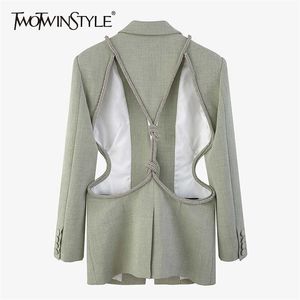 Twotwinstyle oco para fora blazer sólido para mulheres entalhado manga longa casual coreano blazers feminino primavera roupas de moda 220801