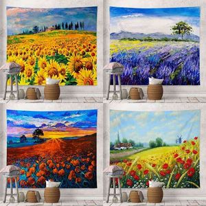 Wall Hanging Carpets Sunflower Lavender Oil Paint Landscape Carpet Room Decoration Background Cloth J220804