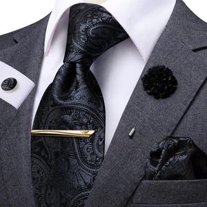 Bow Ties Hi-Tie Business Black Paisley Tie For Men Silk Men's Clip Box Gift Luxury Necktie Hanky Cufflinks Set Formal DressBow BowBow
