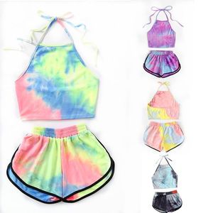 Kvinnors träningsdräkter slipsfärgade tvådelar Kvinnors uppsättningar Summer Halter Kort färgglad backless Crop Top Sexiga byxor Svett 2022 Ensemble Femme SE