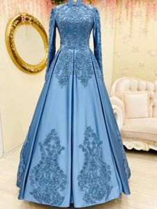 Azul muçulmano vestidos de noite alta pescoço mangas compridas apliques rendas cetim vestidos de baile elegante feminino vestido formal robe de casamento