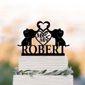 Custom Mrmrs Fastive Wedding Baby Слоны Силуэт Торт Топпер с декором сердца смешное акриловое дерево 220618