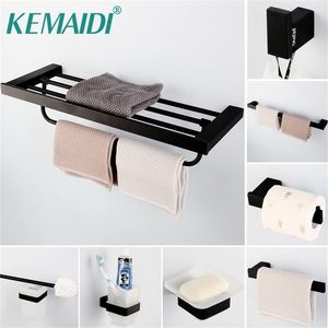 KEMAIDI Bathroom Hardware Set Black Robe Hook Towel Rail Bar Rack Bar Shelf Tissue Paper Holder Toothbrush Bathroom Accessories T200915