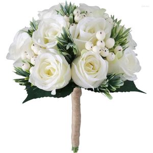 Flores decorativas Casamento Artificial Ivory Rose Bouquets Bouquets com folhas de vegetação