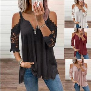 Summer Fashion Solid Color Casual Top Women's Sexy Low-Cut V-Neck Zipper Stitching Lace Mid-Sleeve Plus Size T-Shirt Women 220510