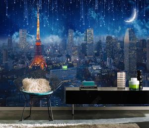 Papão de parede 3D personalizado Eiffel Tower Night Sky City TV Background Decoração de parede Pintura da sala de estar quarto
